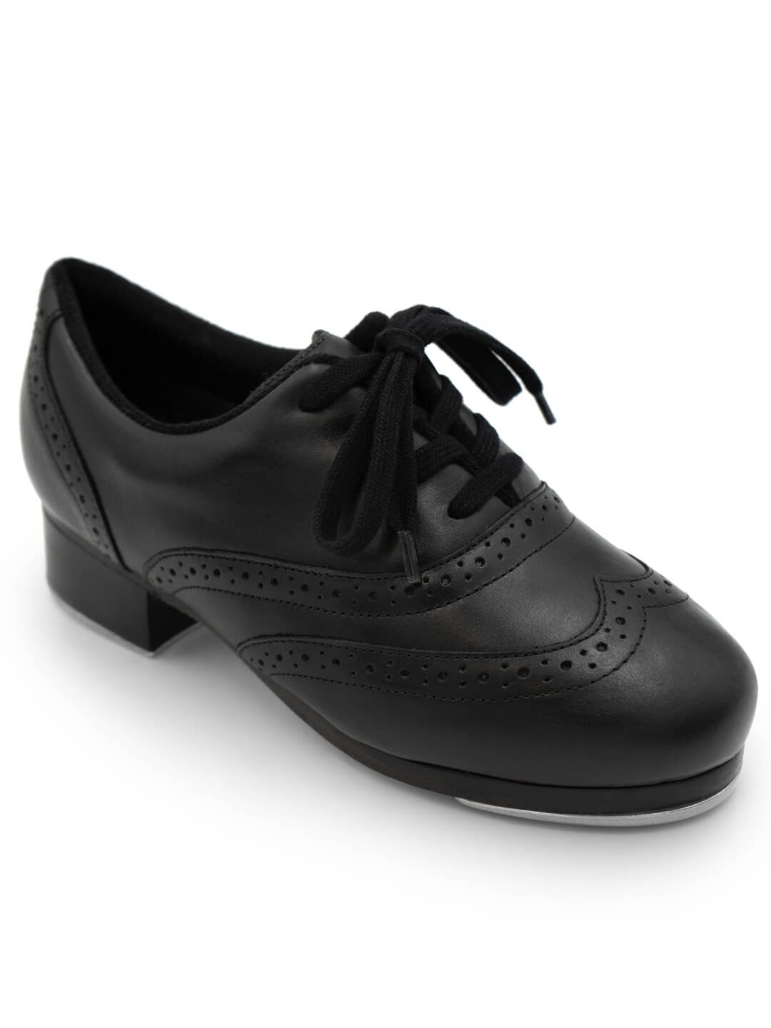 A pair of black tap shoes with black laces on a white background.