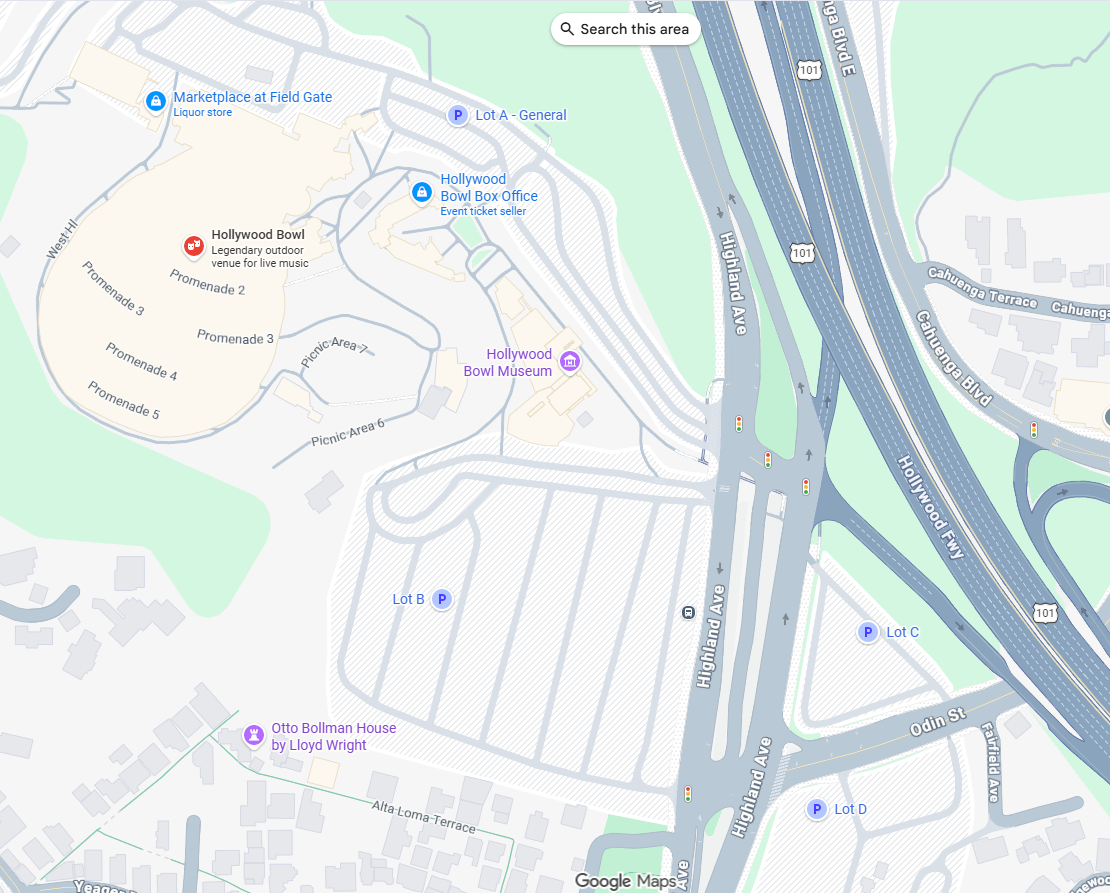Google map showing the four parking lots buspartyla.com can park at with a client-provided parking ticket