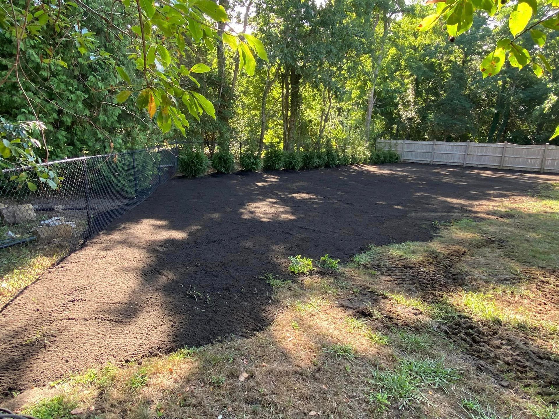 Newly tilled backyard garden bed, surrounded by grass and trees, with a black fence in the background.