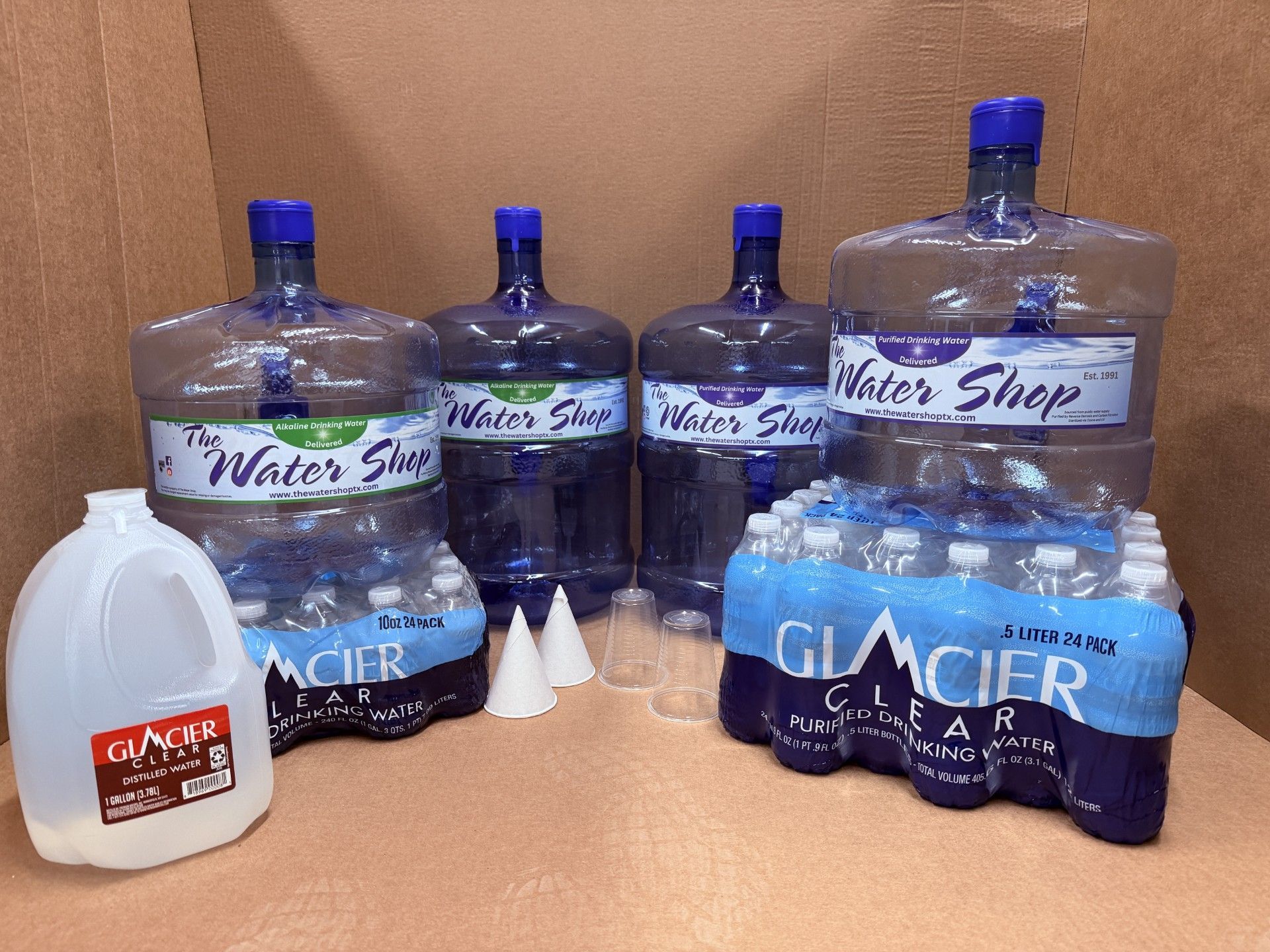 5 gallon or 3 gallon Purified and Alkaline Water Delivery, plus distilled water, deionized water, 24 pk case water and cups.