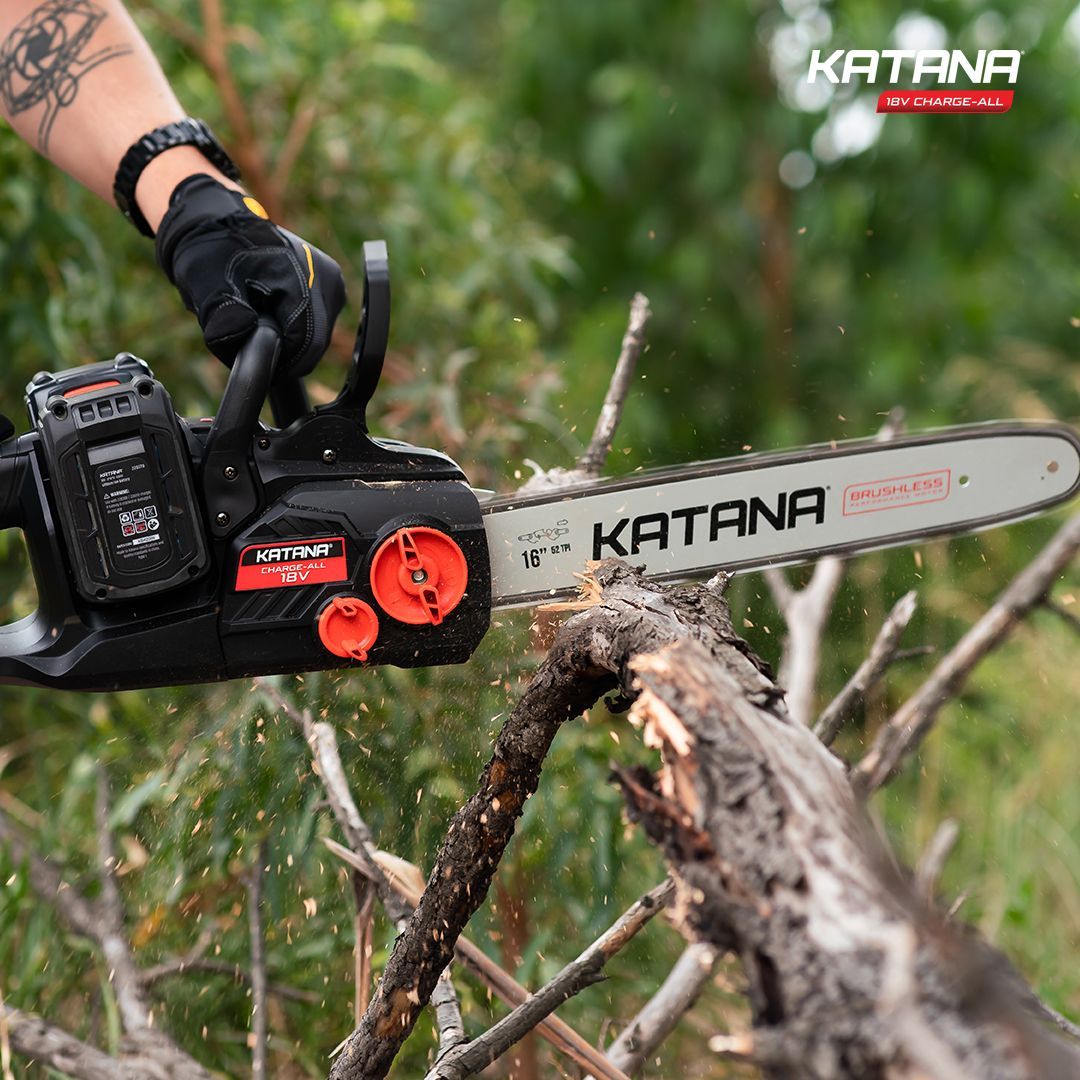 A person is using a chainsaw to cut a tree branch.