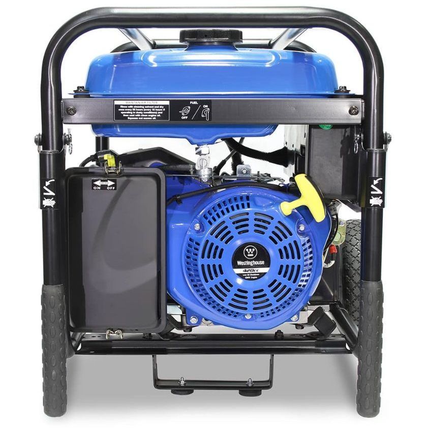 A blue generator with a black frame and wheels