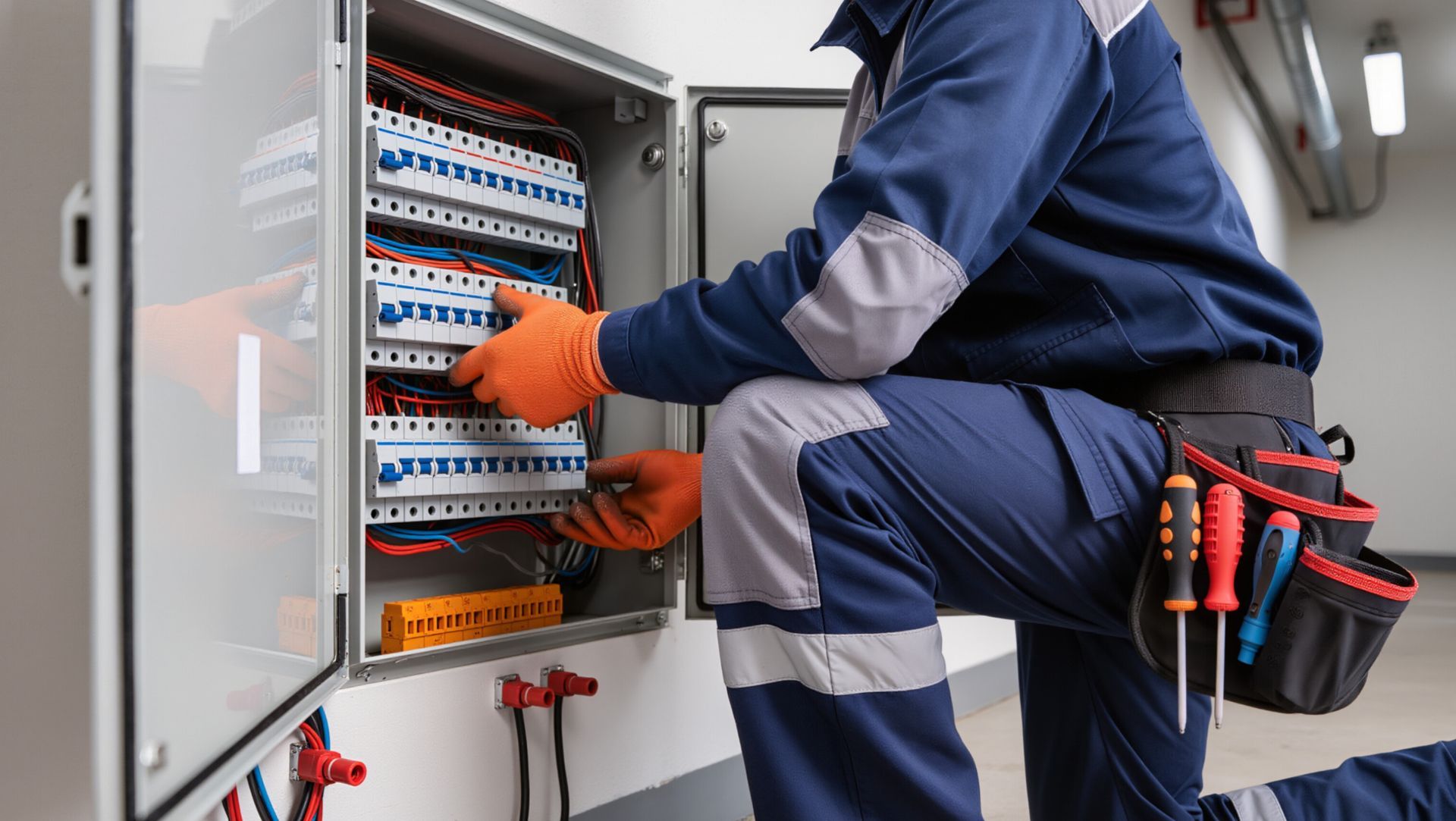 An electrician is working on an electrical panel.