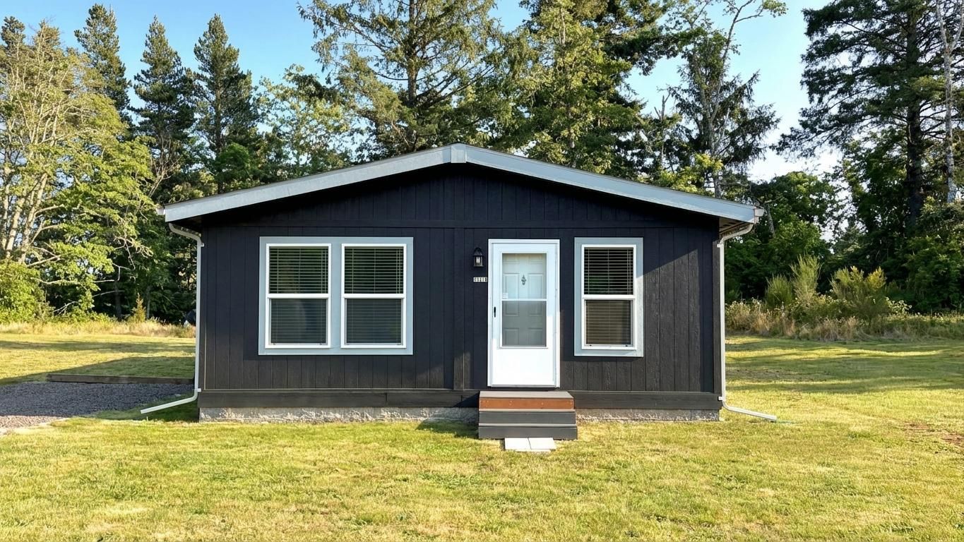 Small dark-gray house with white-trimmed windows and a front door on a grassy lot, surrounded by trees.