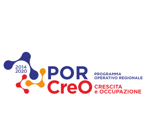Logo: POR CreO, programma regionale per la crescita e l'occupazione; forme astratte colorate con il testo