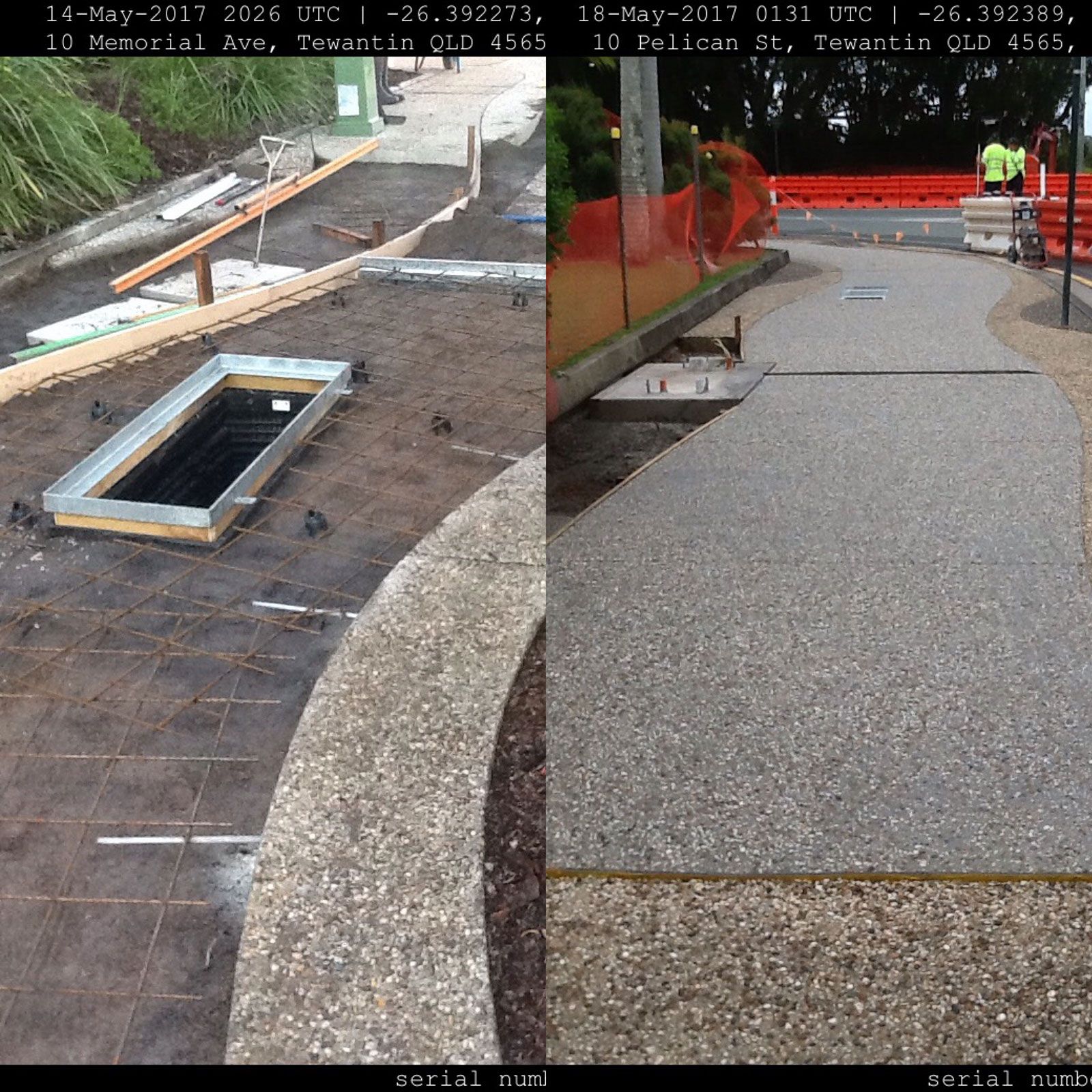 Two pictures of a concrete walkway being built