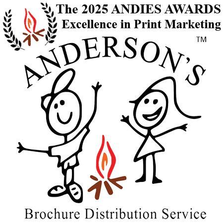 Logo for Anderson's Brochure Distribution Service. Stick figures near a campfire. Text includes 