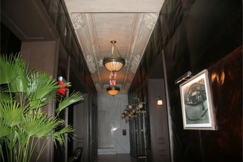 Narrow hallway with dark walls, hanging lanterns, a potted palm, and framed artwork.