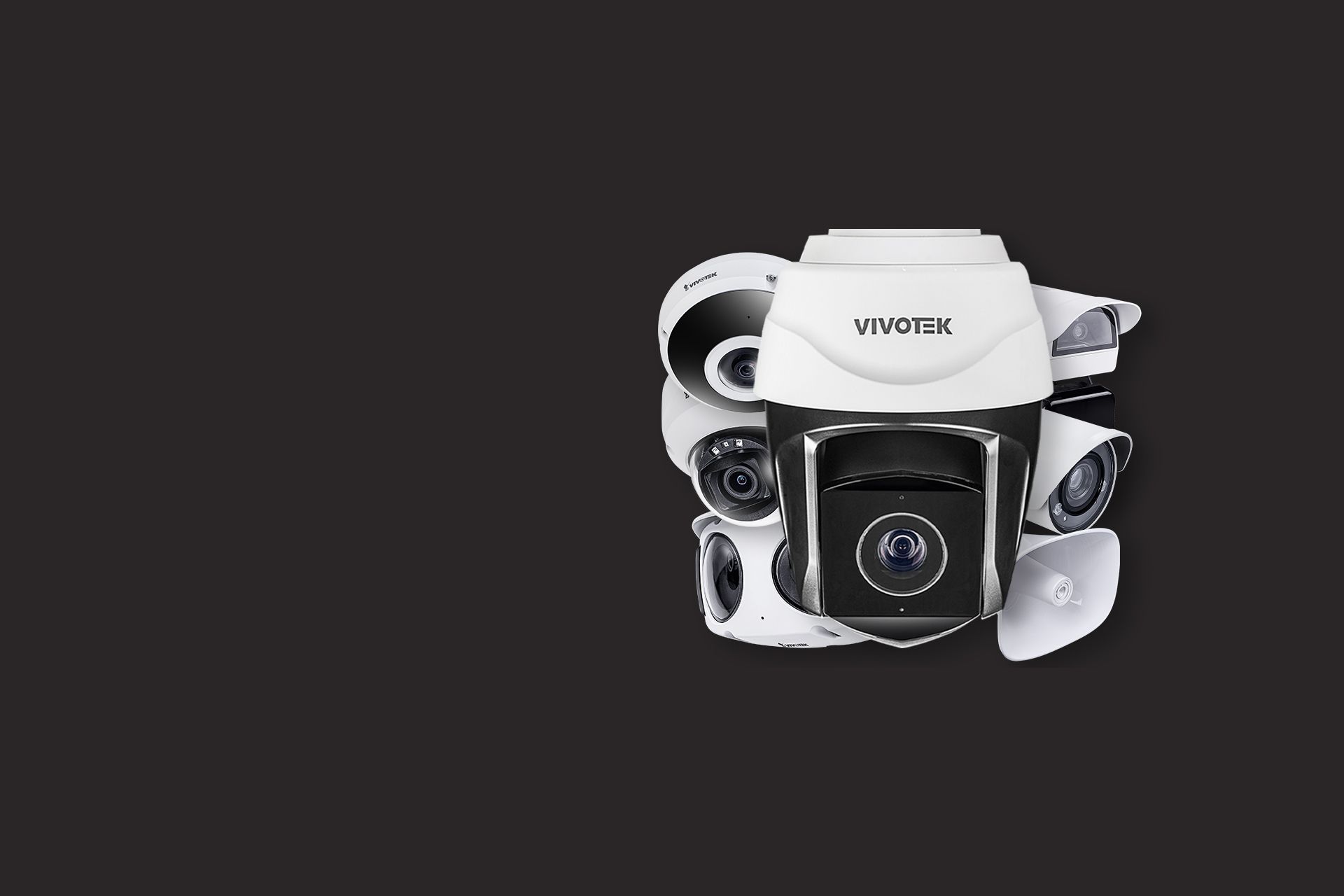 A bunch of security cameras are stacked on top of each other on a black background.
