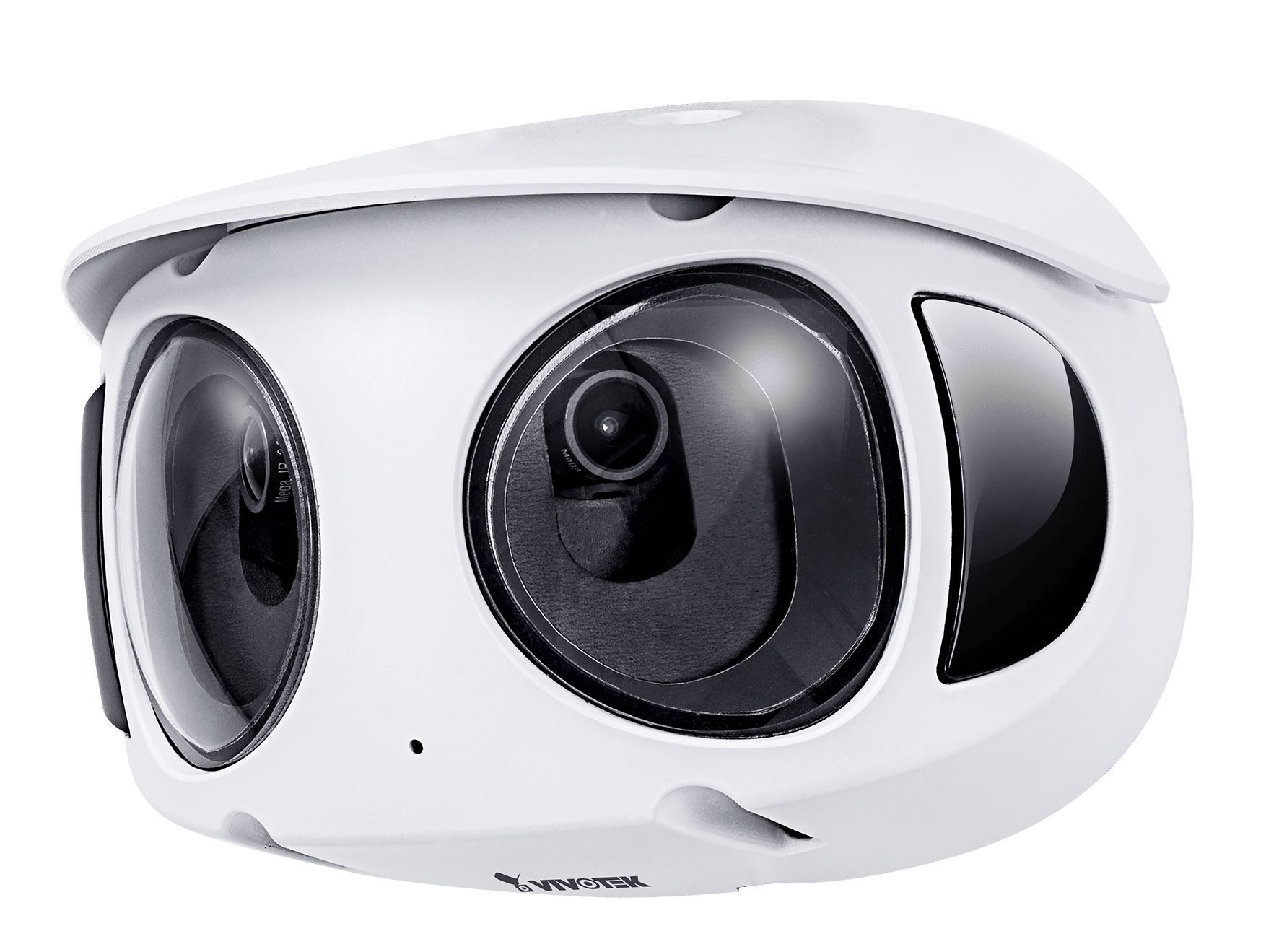 A white camera with two lenses on a white background
