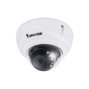 A white dome camera with a black lens on a white background.