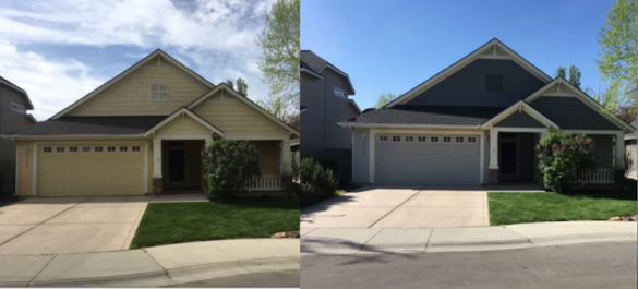 Before and after photo of a house showing a change from yellow to dark grey exterior siding.