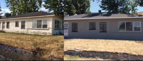 Before-and-after photo of a house exterior showing a fresh coat of gray paint replacing worn, light-colored siding.