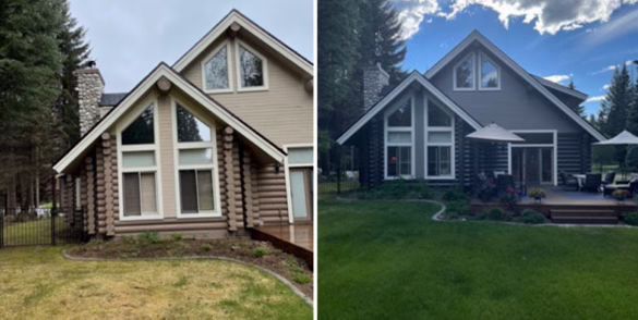 Before-and-after photos of a log cabin exterior, showing a color change from light beige to a dark gray finish.
