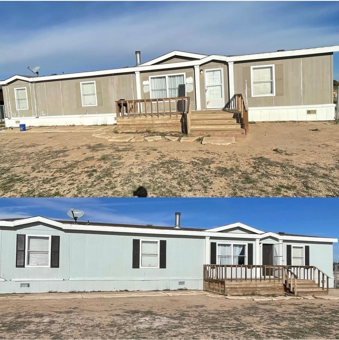 Before and after comparison of a single-wide mobile home painted from tan to light gray with black shutters.