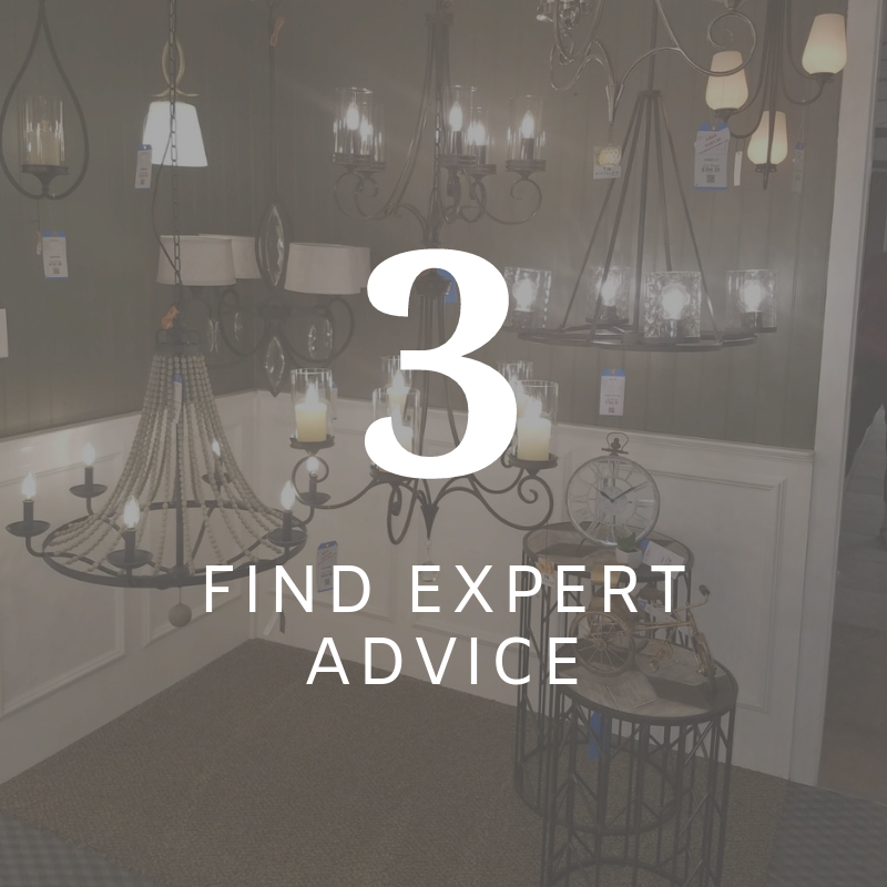 Display of hanging chandeliers and lamps with overlaid text: “3 FIND EXPERT ADVICE”
