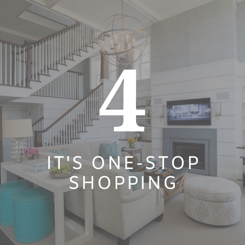 Bright living room with staircase and TV, overlaid with “4” and “IT’S ONE-STOP SHOPPING”