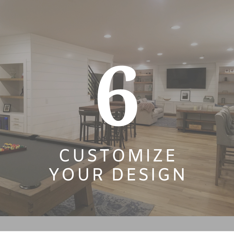 Modern living room with large “6” and text “CUSTOMIZE YOUR DESIGN” overlaid