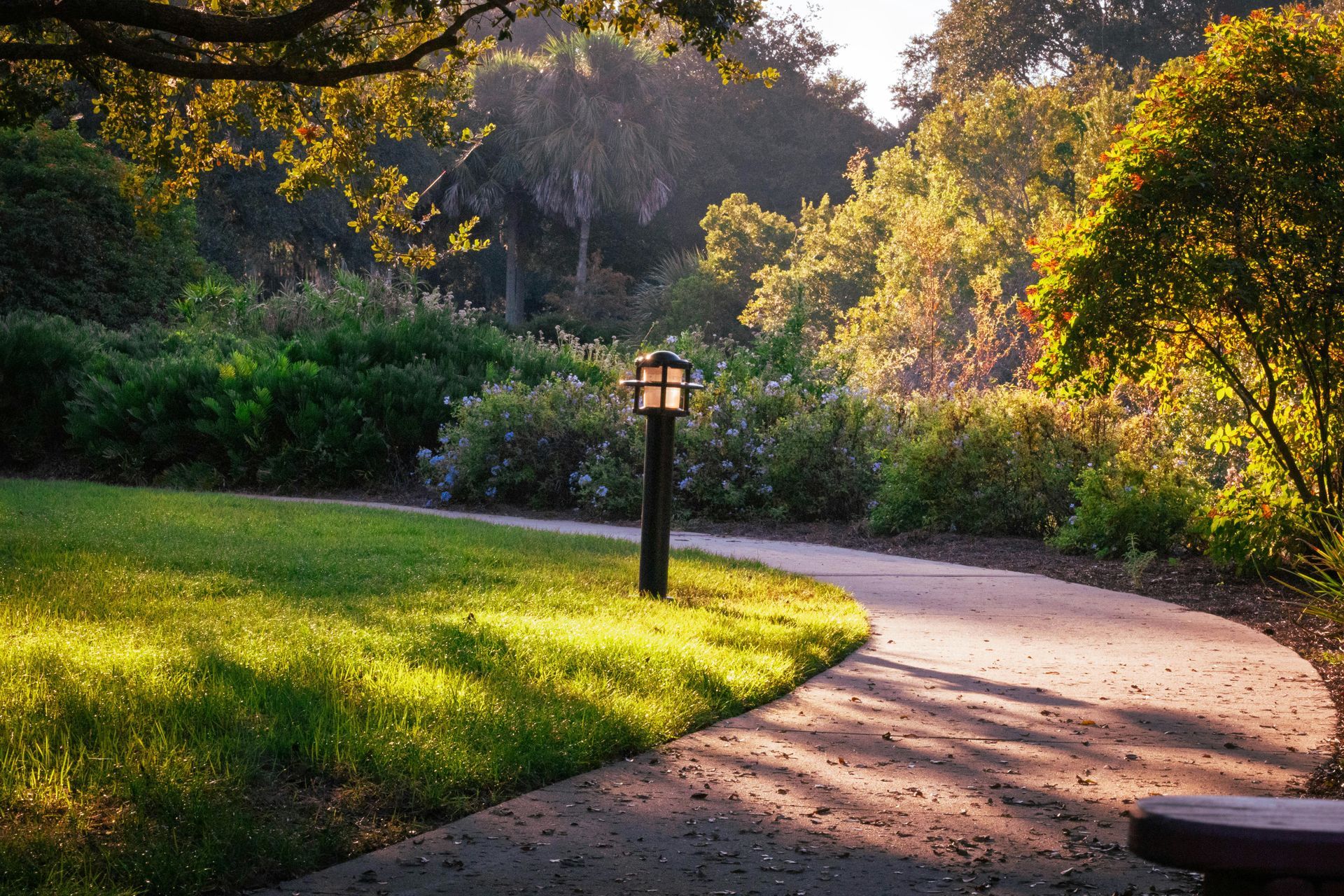 Sunlit park path curving past a black lamp post and green lawn at dusk