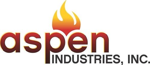 Aspen Industries, Inc. logo with maroon text and a yellow-orange flame above the “p”