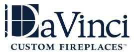DaVinci Custom Fireplaces logo in navy blue and white