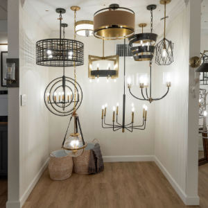Showroom with assorted modern ceiling and pendant light fixtures on display