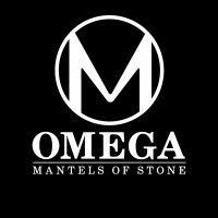 OMEGA MANTELS OF STONE logo in white on a black background