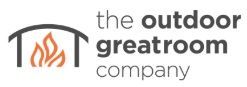 Logo for The Outdoor GreatRoom Company with a gray house outline and orange flame icon