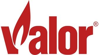 Red Valor logo in red lowercase letters with a stylized flame icon and ® symbol