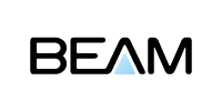 BEAM logo in black with a light blue triangle in the A