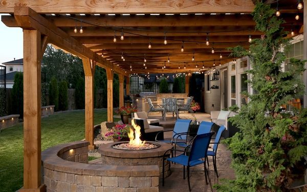 Covered backyard patio with wood pergola, string lights, fire pit, and blue chairs beside a lawn and garden.