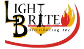 Light Brite Distributing, Inc. logo with black text, red flame and swoosh, and gold accents