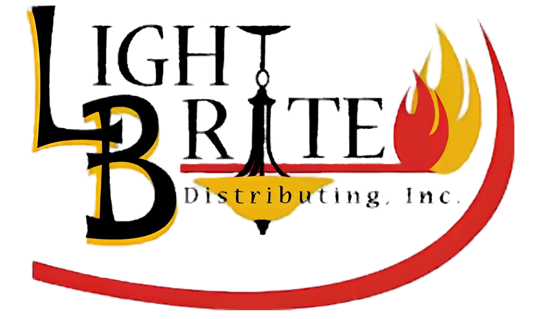 Light Brite Distributing, Inc. logo with black lettering, red swoosh, and yellow-red flame graphic