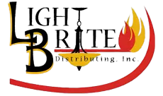 Light Brite Distributing, Inc. logo with black lettering, red swoosh, and yellow-red flame graphic