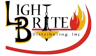 Light Brite Distributing, Inc. logo with black lettering, red swoosh, and yellow-red flame graphic