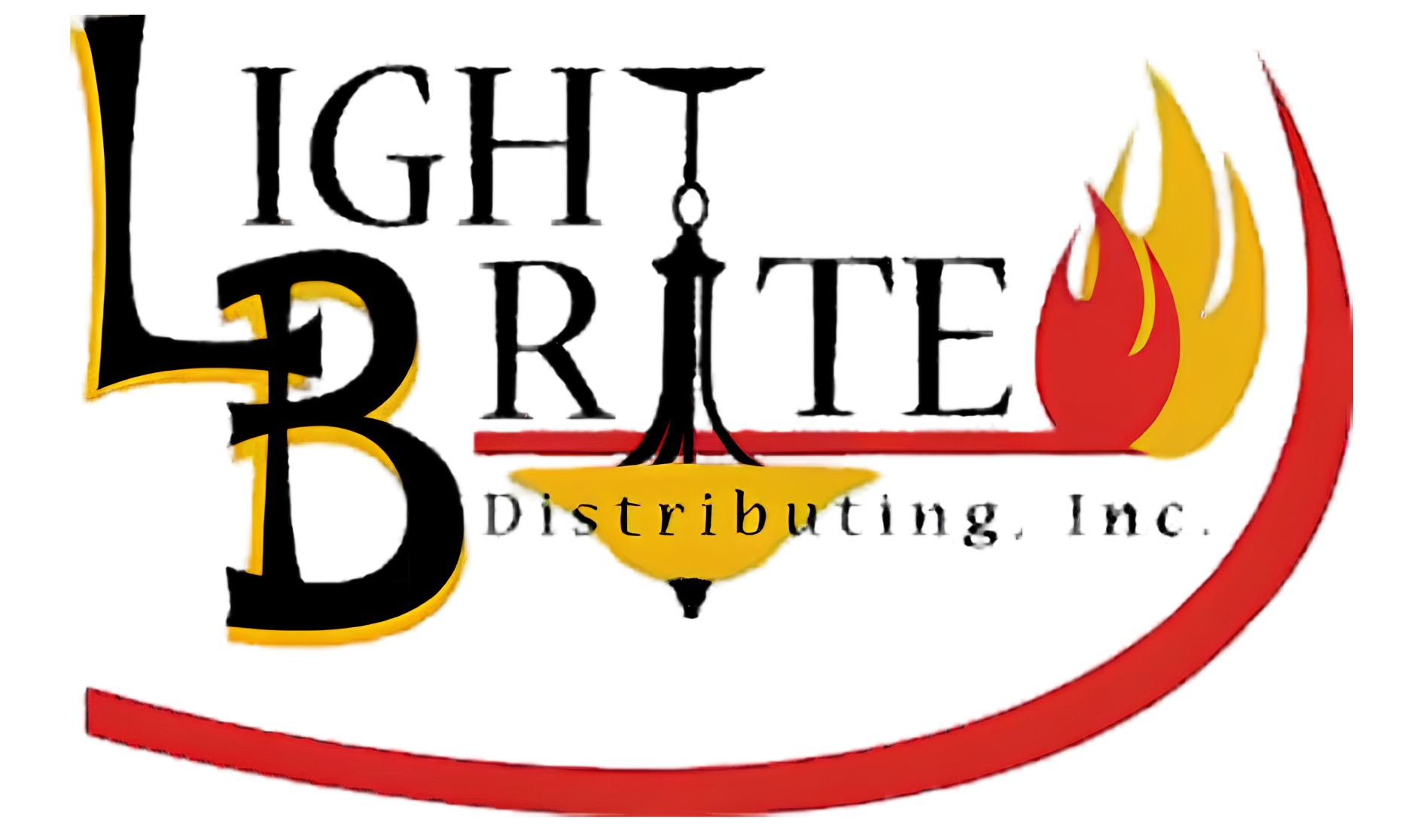 Light Brite Distributing, Inc. logo with black text, red flame and swoosh, and gold accents