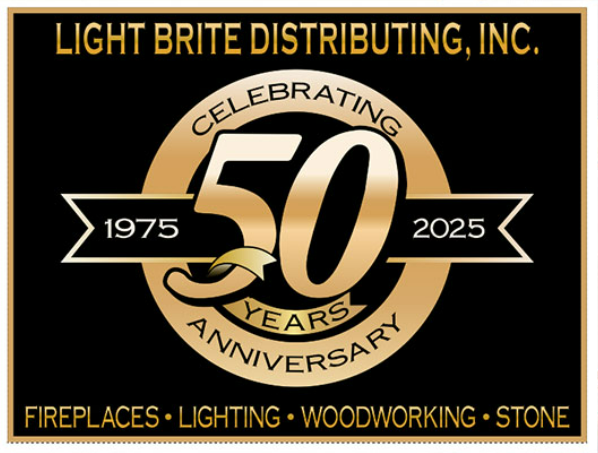 Light Brite Distributing, Inc. 50th anniversary logo with gold text on black background, 1975–2025