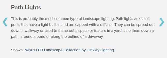 Path Lights: small black LED landscape lights lining a path, with text explaining their use and placement