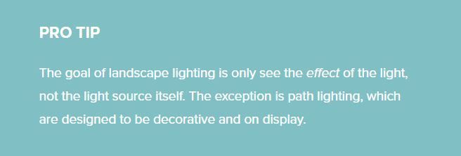 Light blue “PRO TIP” graphic with white text about landscape lighting design.