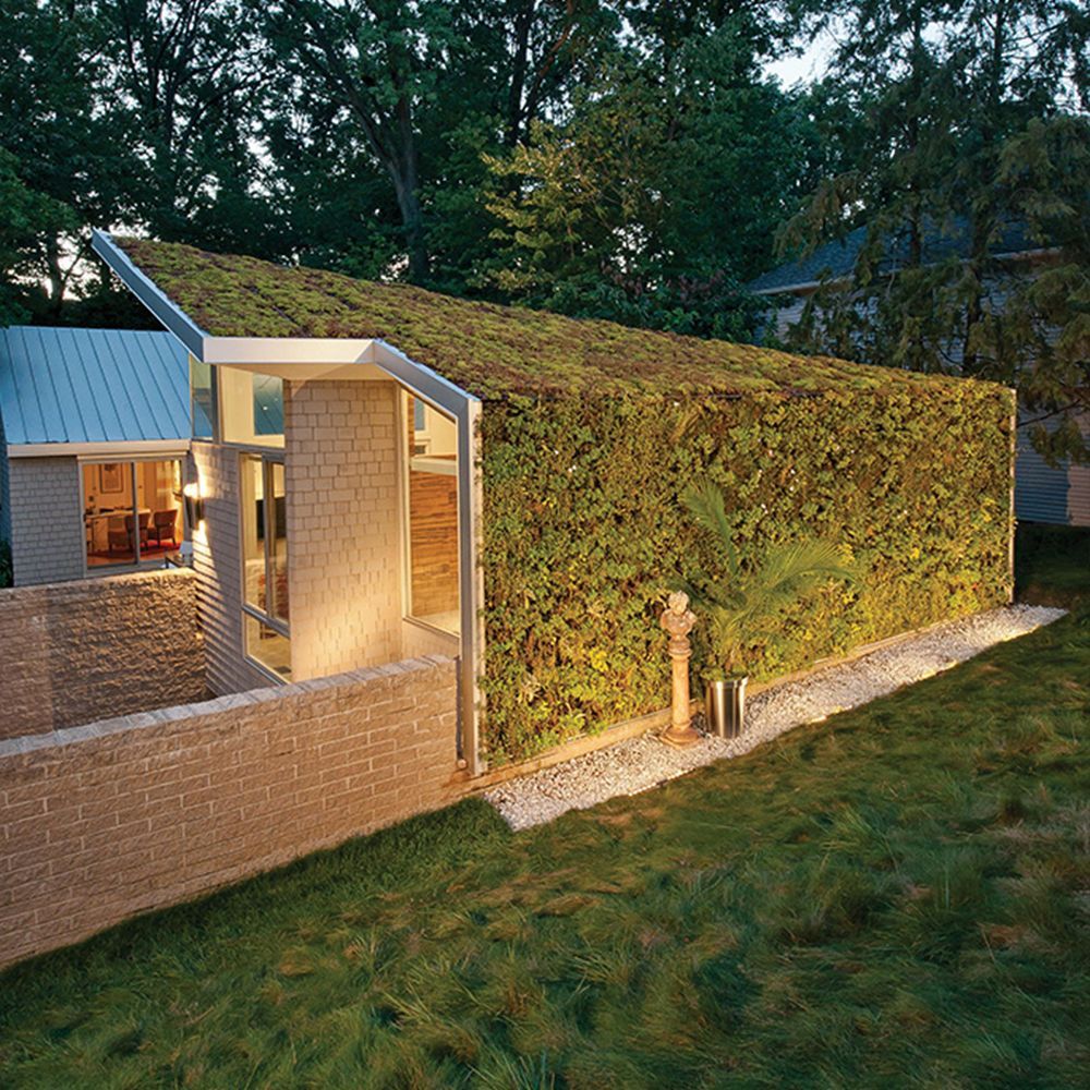 Modern house with a lush green living wall and illuminated patio at dusk