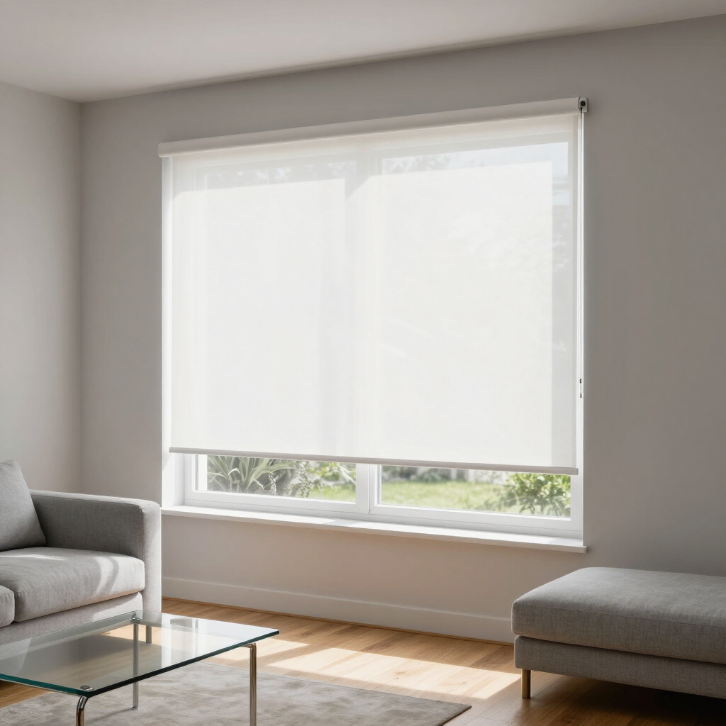 Modern living room with gray sofa, glass coffee table, ottoman, and bright window shade