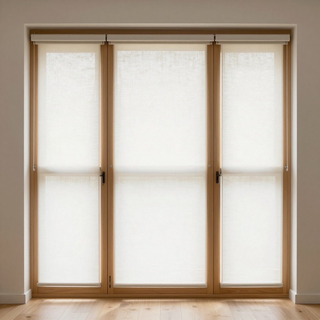 Three tall frosted glass windows with light wood frames in a bright room