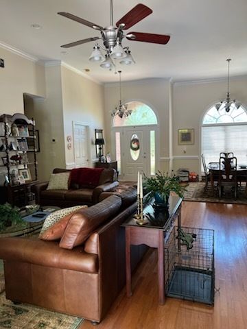 Spacious living room with leather sectional, ceiling fan, plant stand, and open dining area under arched window.