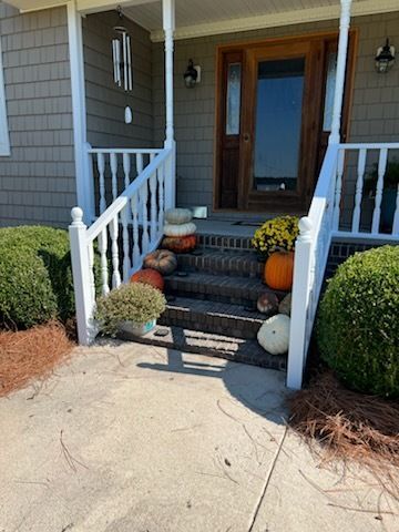 Front porch with white railing, stone steps, potted flowers, and a glass-paneled front door