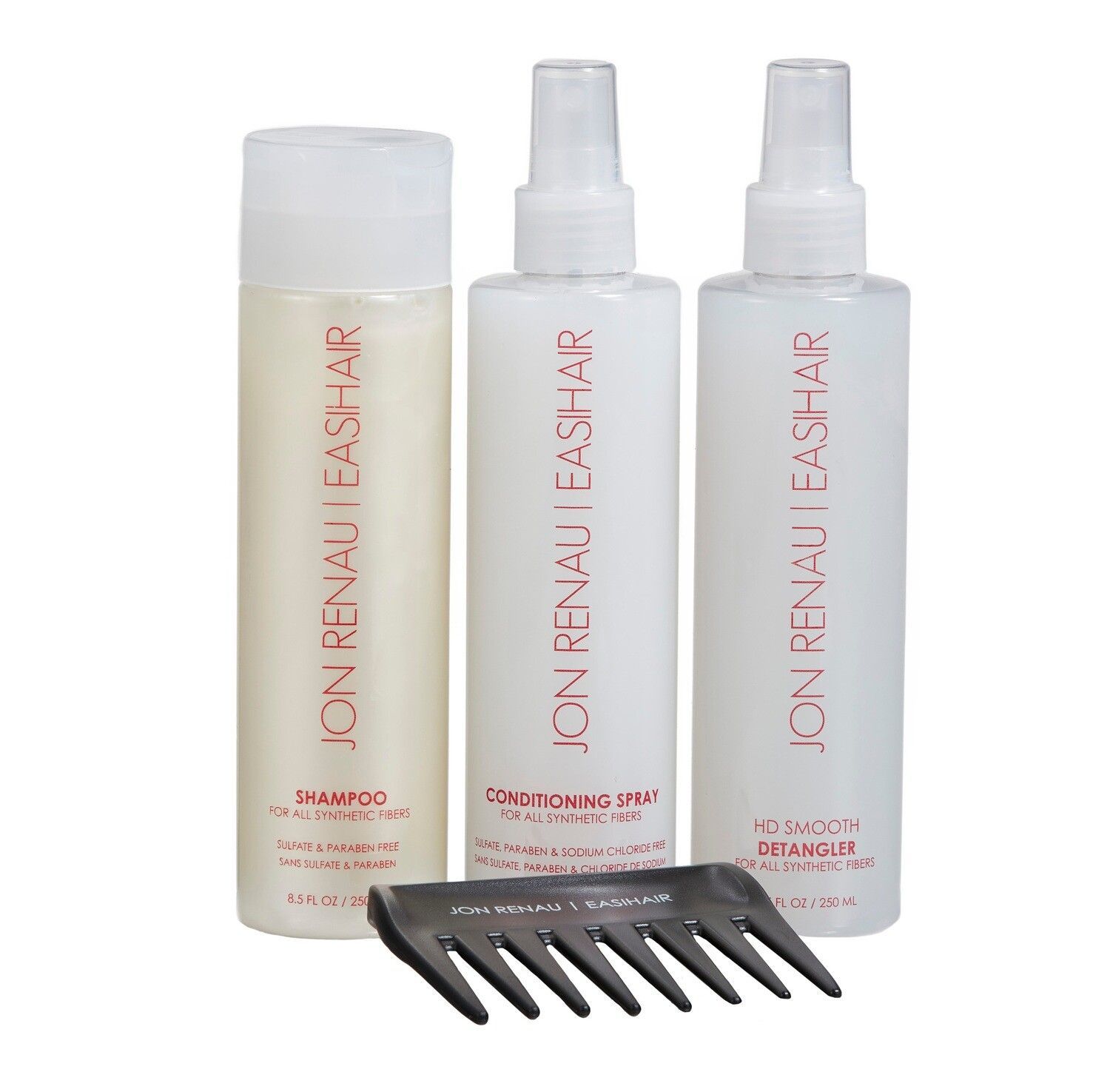 Three bottles of jon renau hair products and a comb