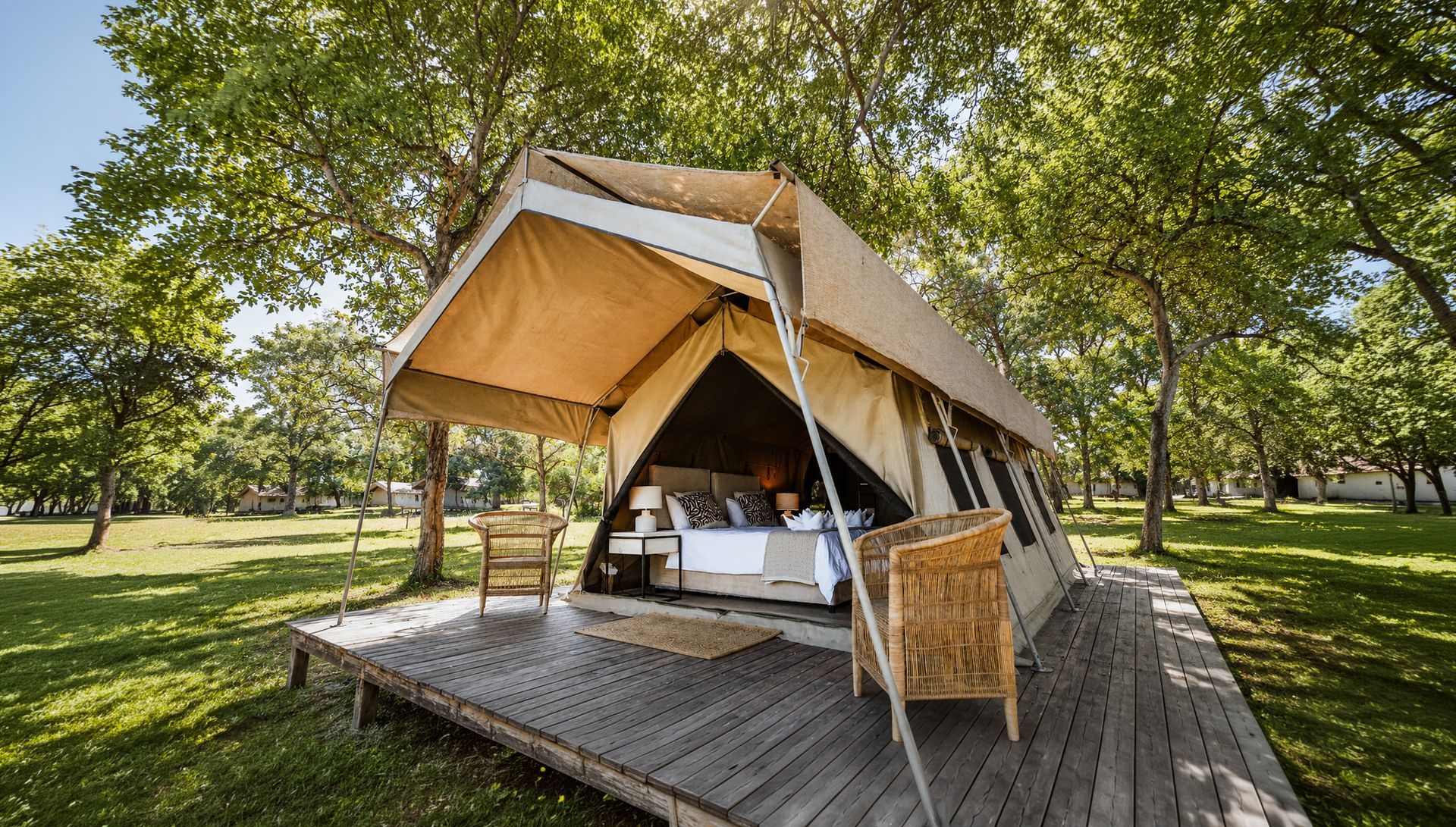 A luxury safari tent interior at Unyati Safari Lodge near Kruger National Park.