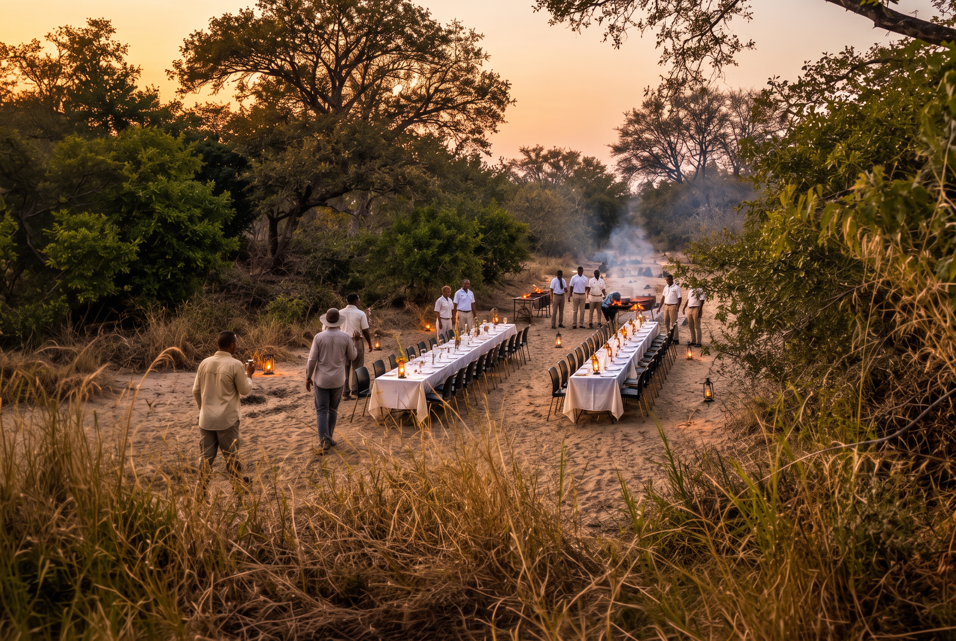 Outdoor dinner setup at sunset with long white tables under trees in a natural clearing