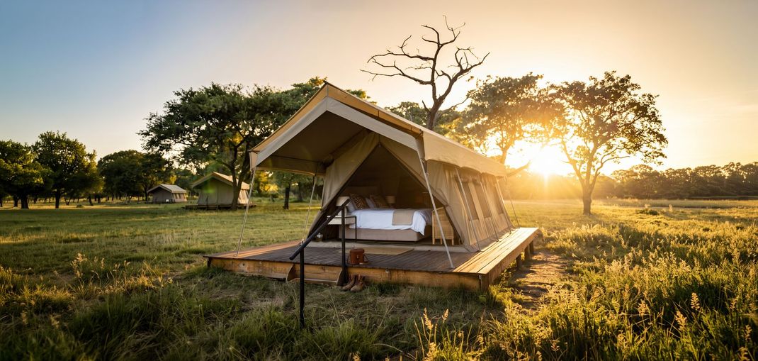 Unyati Canvas tent cabin on a wooden deck at sunrise, with a bed inside and trees in the background