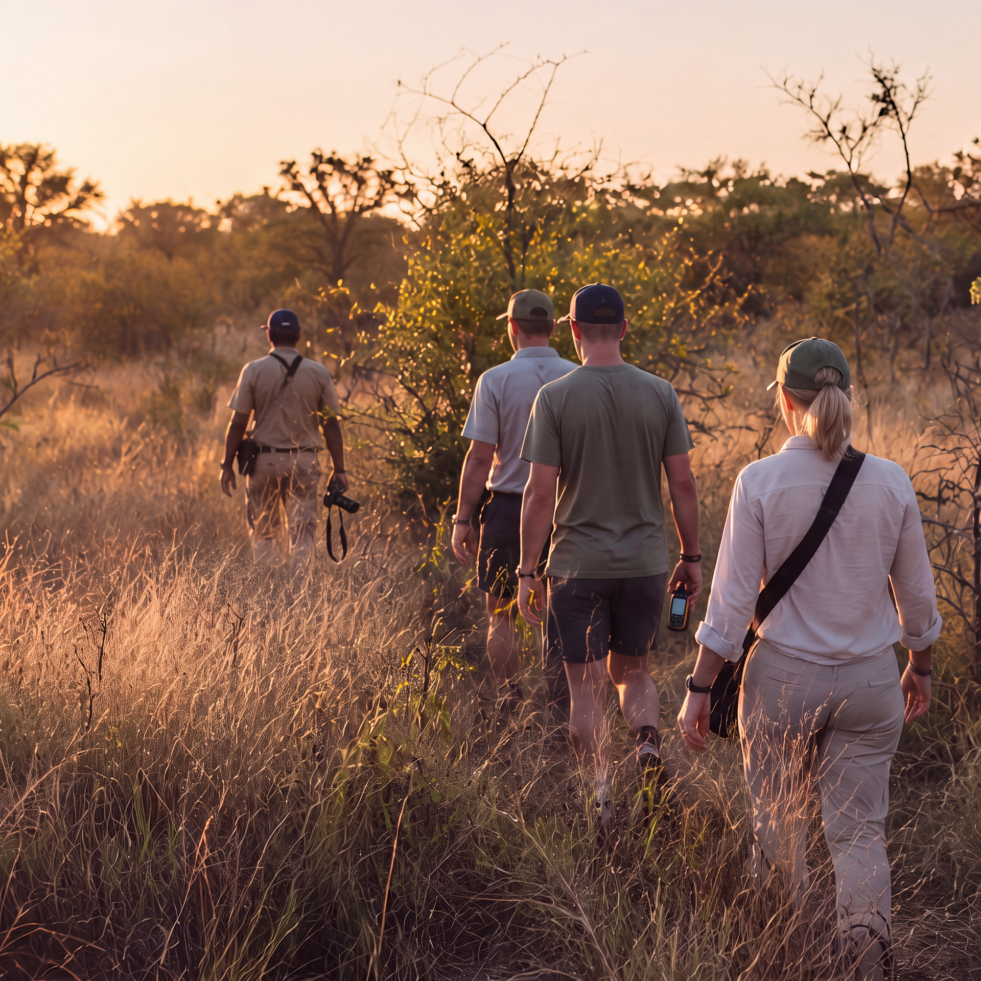 Group of hikers walking through tall grass at sunset on a narrow trail.