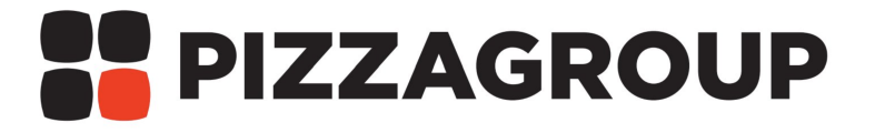Logo di Pizzagroup con icona quadrata nera e rossa e scritta in grassetto nera.